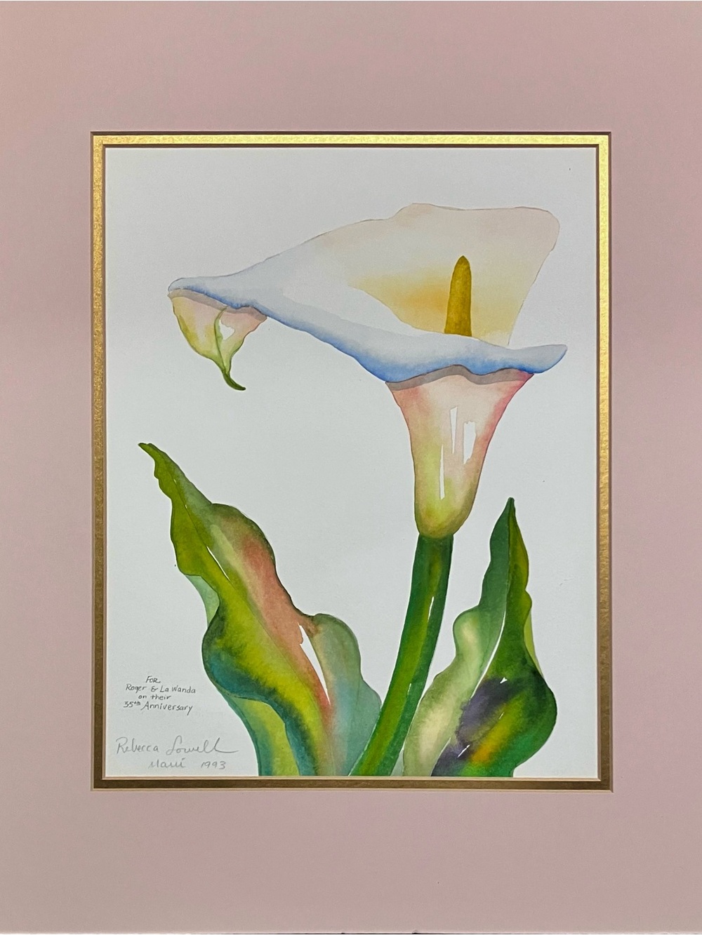 Hawaiian Artist REBECCA LOWELL Calla Lily WATERCOLOR / Original 1993 MAUI ART